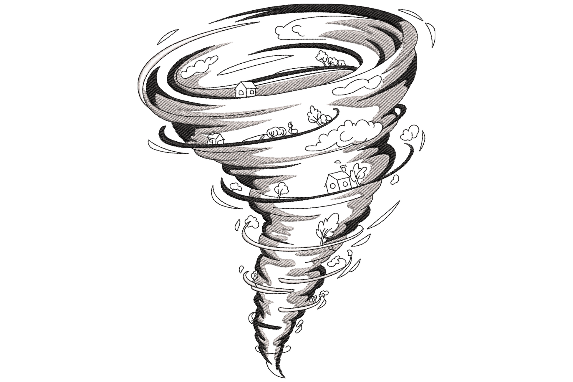 Sketchy spiral tornado funnel tossing tiny houses and debris hand-inked grey and black embroidery design