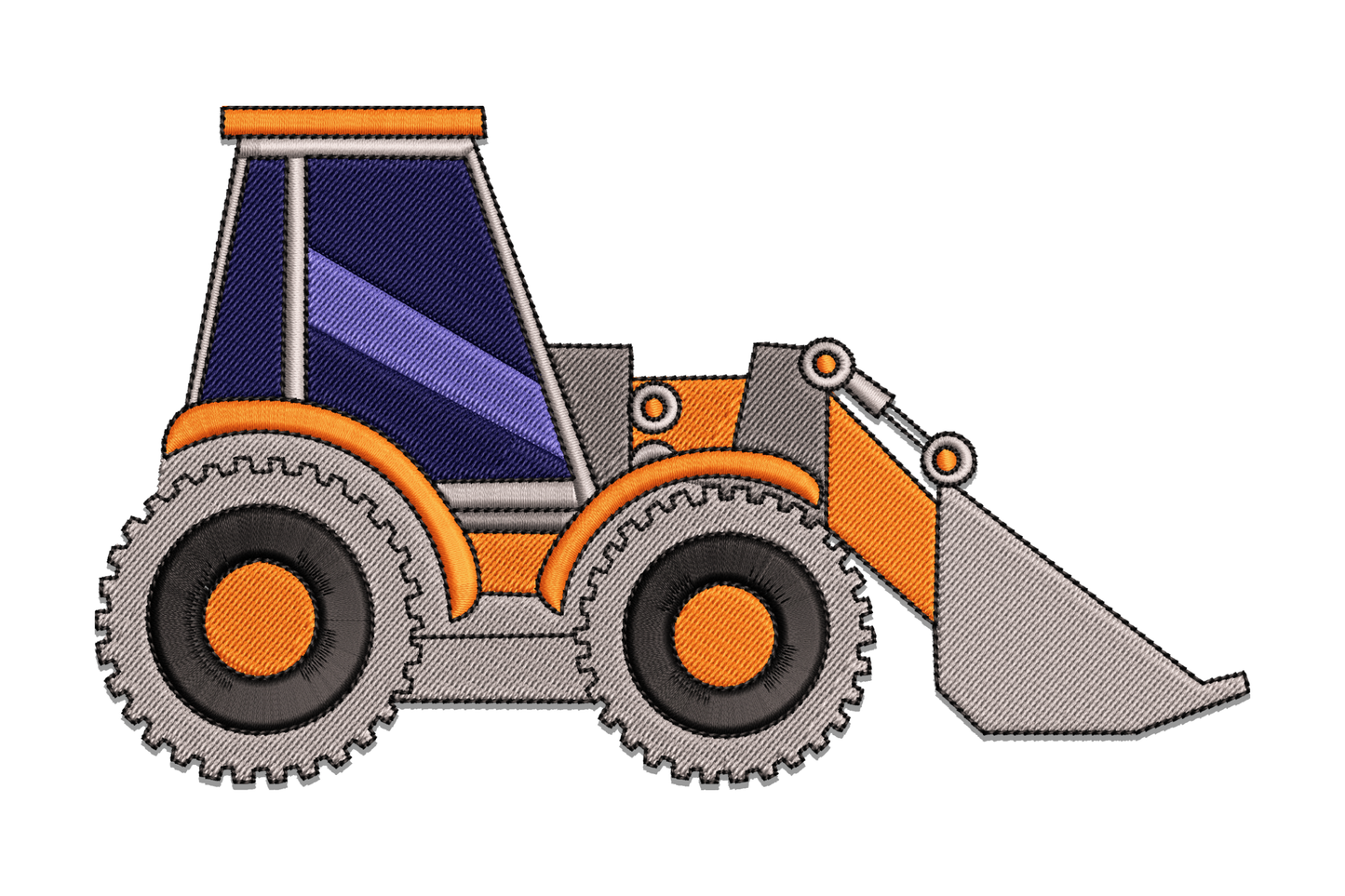 Machine embroidery design of a front-end loader tractor with scoop bucket, six-colour fill in orange, grey, blue and black, large treaded tyres, 4 sizes
