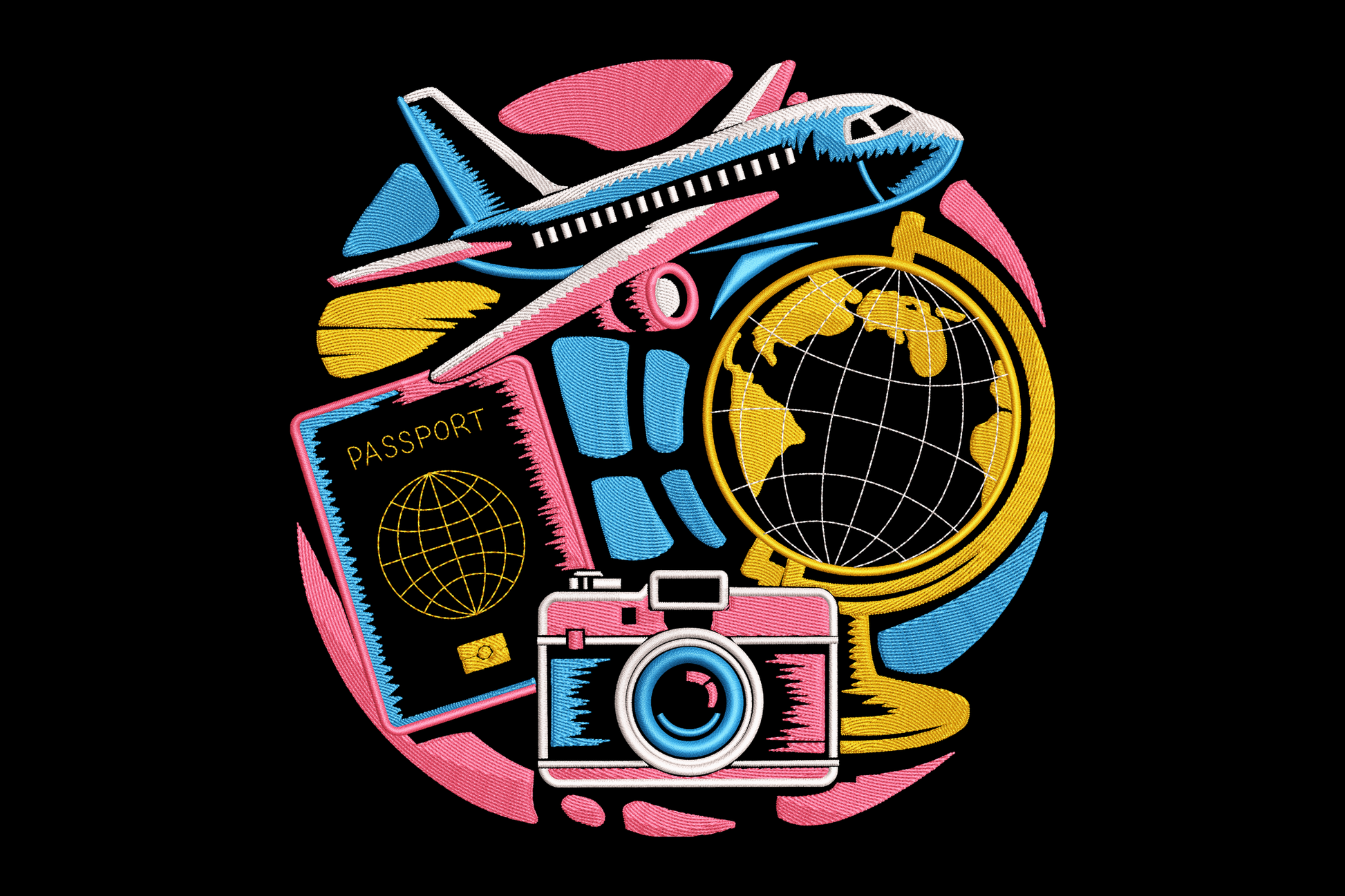 Colorful illustration of a passport, camera, airplane, and globe on a black background