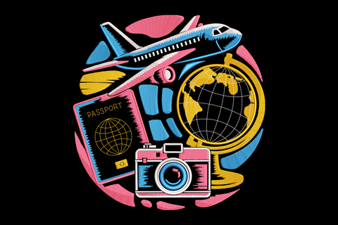 Colorful illustration of a passport, camera, airplane, and globe on a black background
