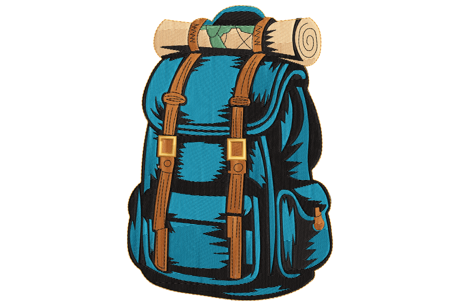 Travel backpack embroidery design in teal canvas with tan leather buckle straps, brass detail and a rolled sleeping mat tied across the top.