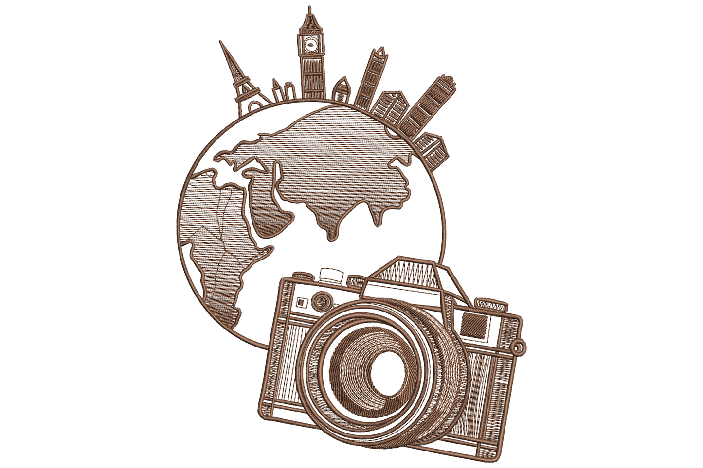 Travel camera embroidery design with vintage SLR film camera and globe with city landmarks in sepia etching style, 9 sizes, 2 colours.