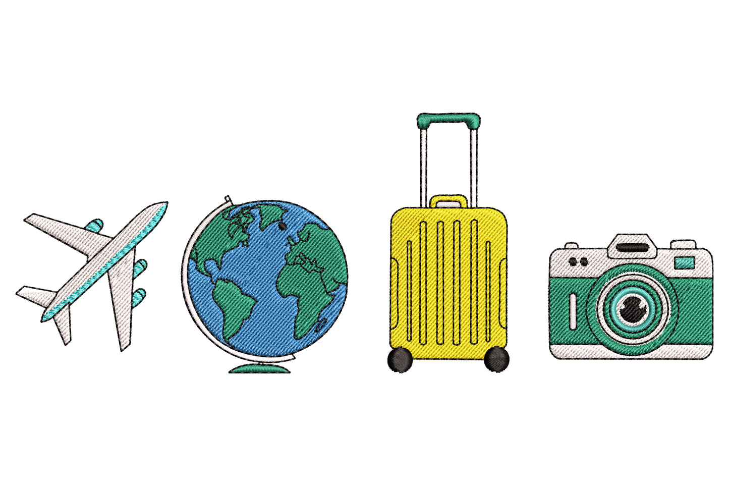 Travel essentials embroidery design with airplane, globe, yellow suitcase and teal camera in a horizontal row