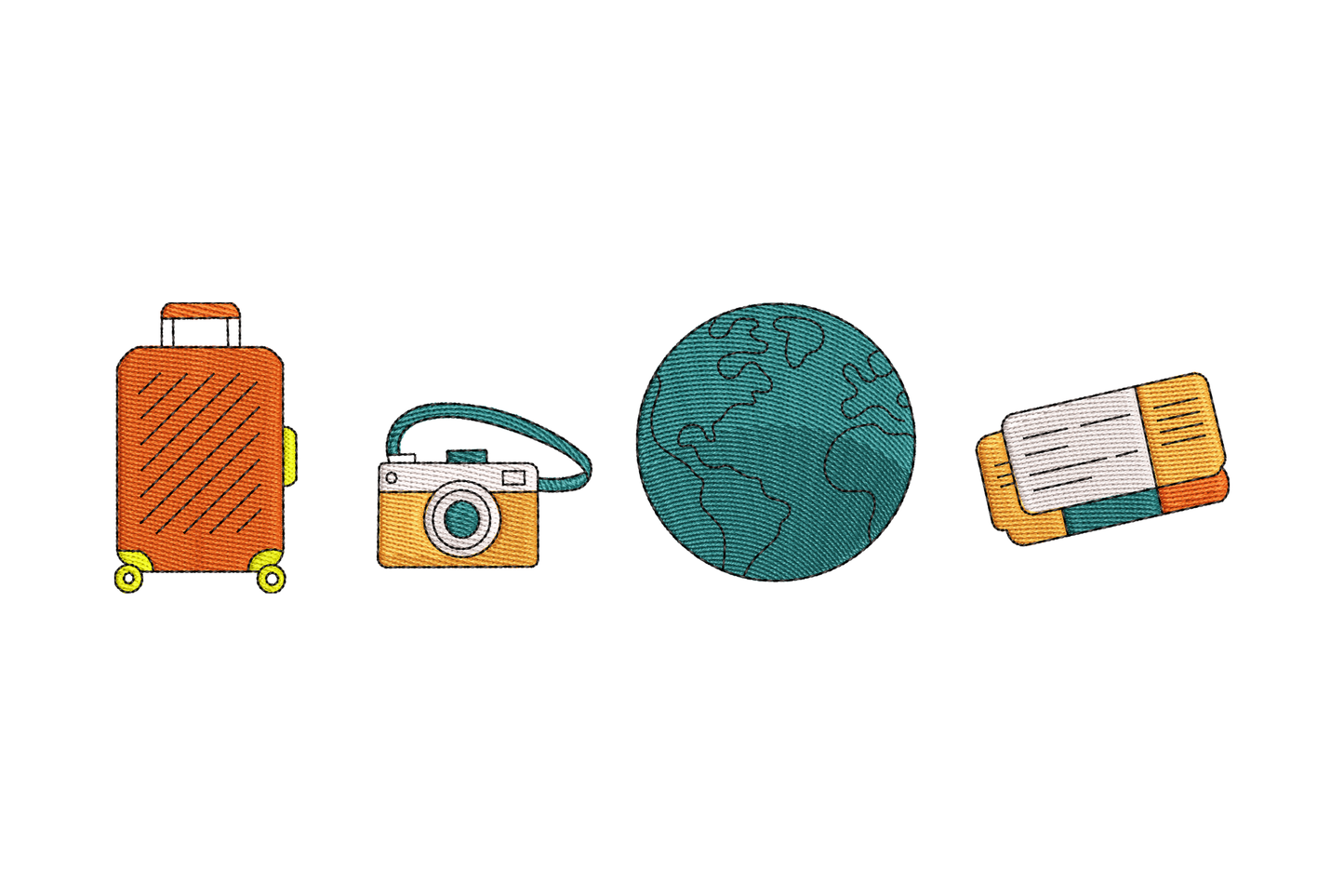 Illustrations of a suitcase, camera, globe, and passport on a white background
