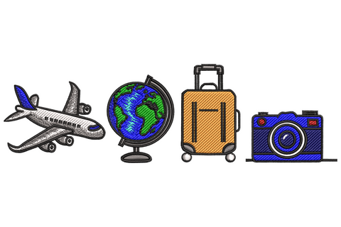 Travel icons row with cobalt airplane, world globe on stand, orange rolling suitcase and a navy camera in hatch-line style.