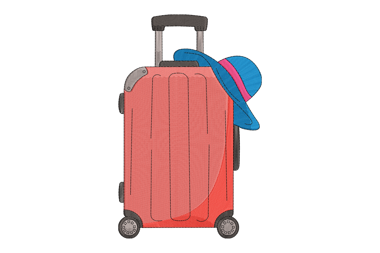 Red suitcase with a blue hat on a white background