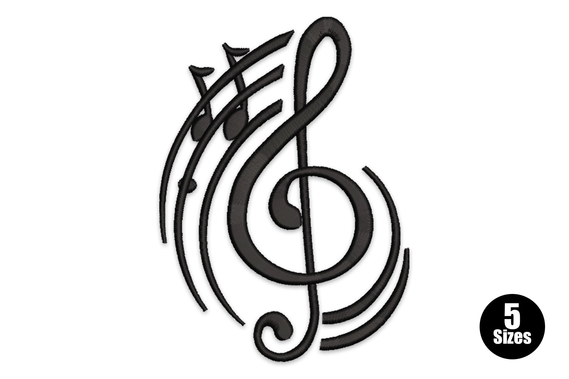 Treble clef embroidery design with music notes cluster and arc lines in solid black thread.
