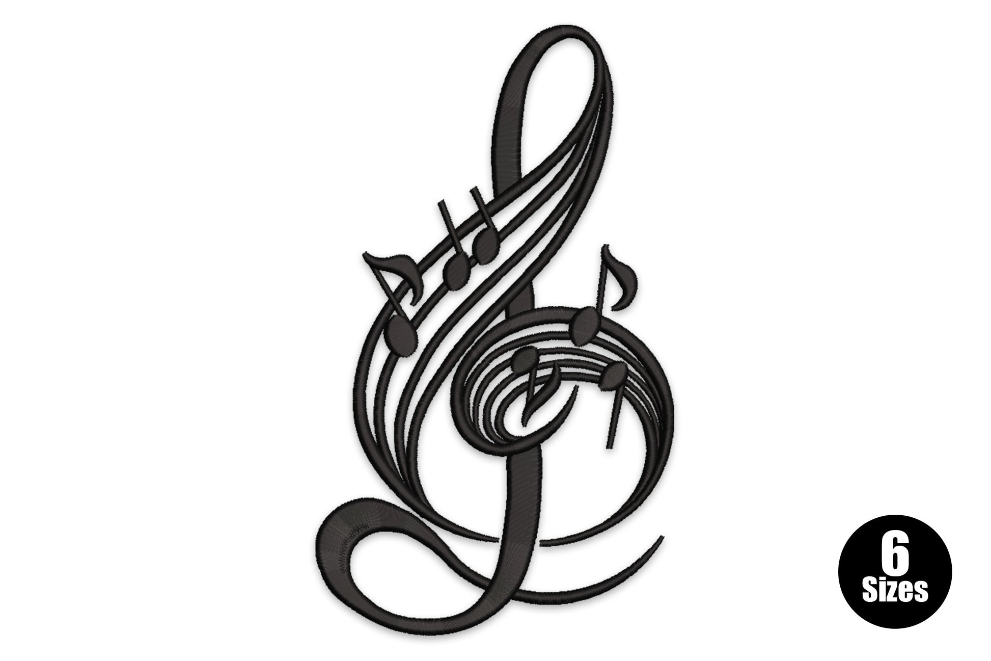 Black treble clef embroidery design with music notes branching outward from the staff lines.