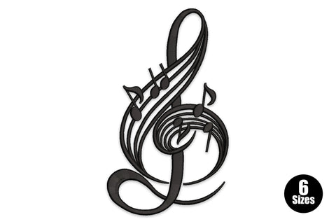 Black treble clef embroidery design with music notes branching outward from the staff lines.