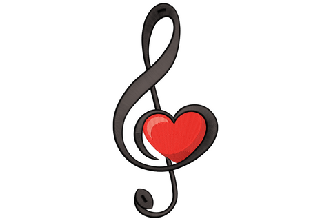 Treble clef embroidery design with bold black satin clef and a red heart with peach highlight nested in the lower curl.