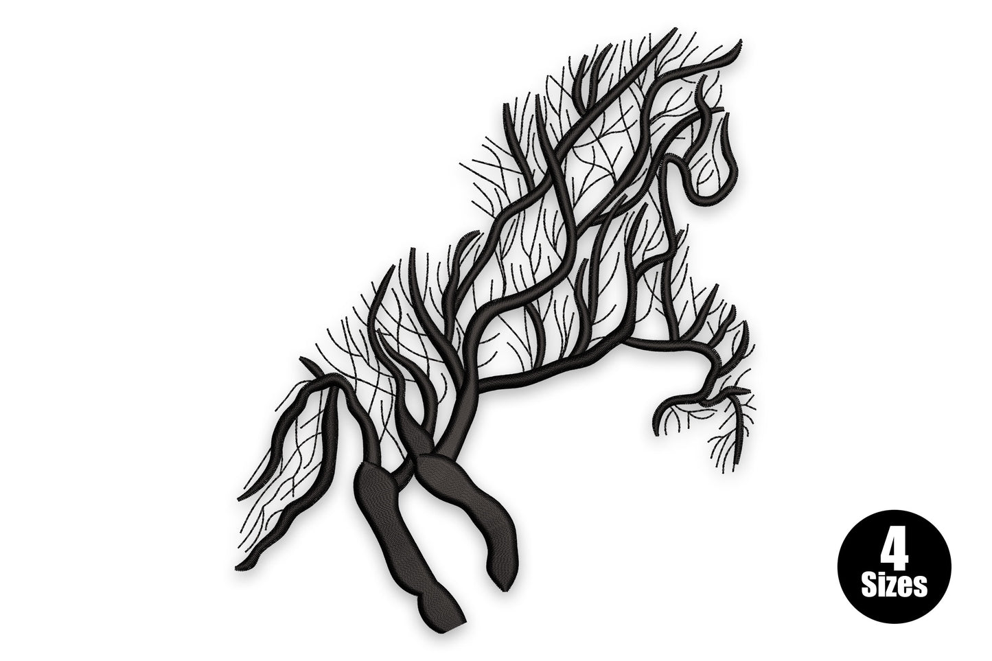 Tree horse silhouette embroidery, rearing horse formed from gnarled branches in solid black on white