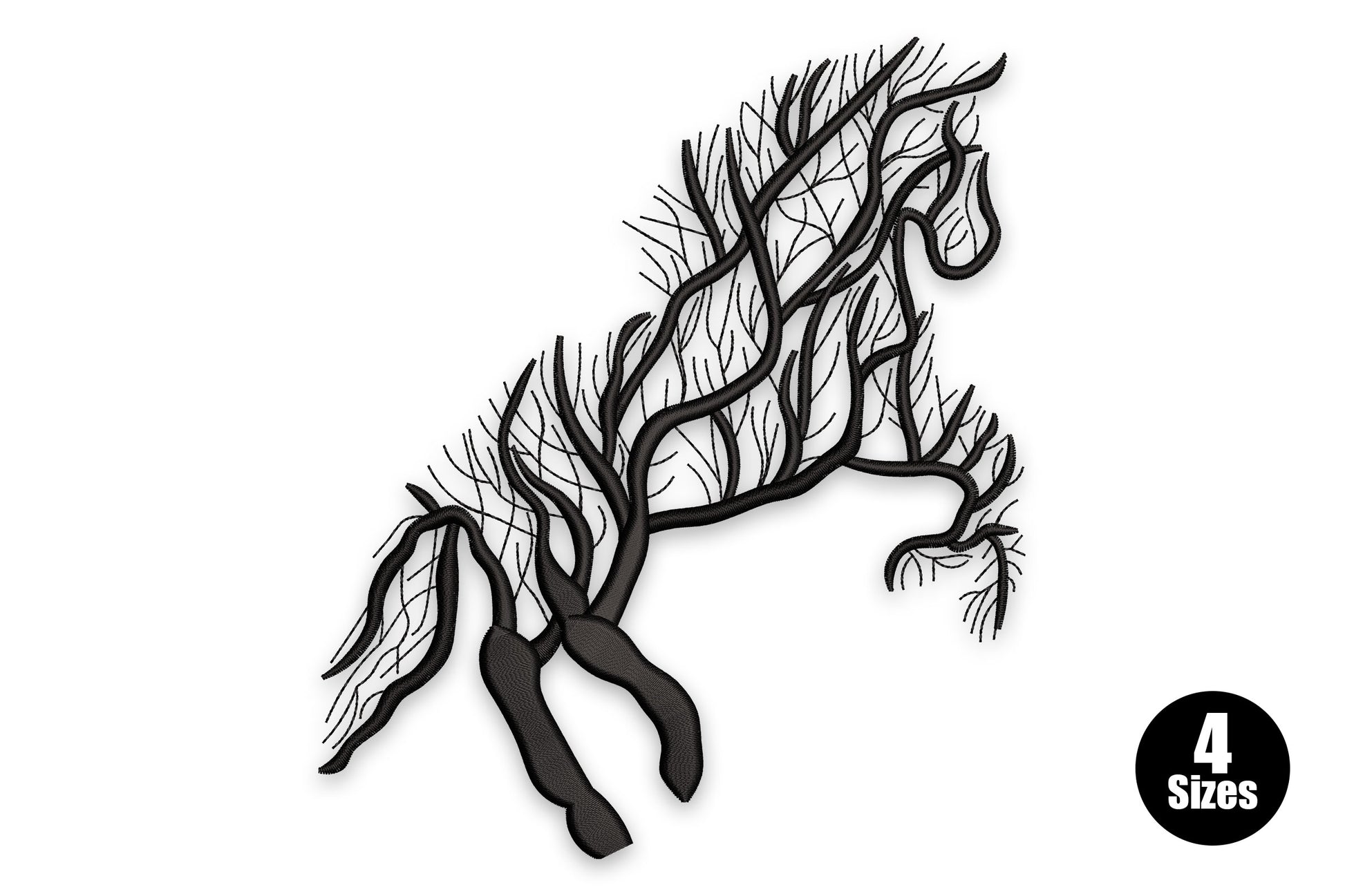 Tree horse silhouette embroidery, rearing horse formed from gnarled branches in solid black on white
