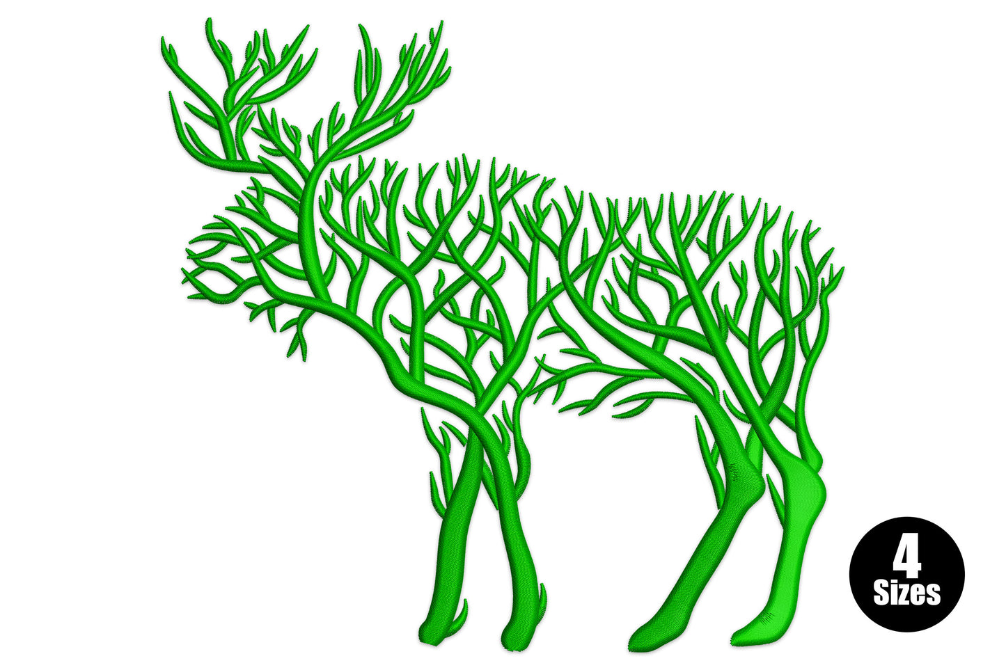 Tree moose silhouette embroidery design dark green branch pattern, single colour, 13469-23507 stitches, 4 sizes 4-6.5 inch