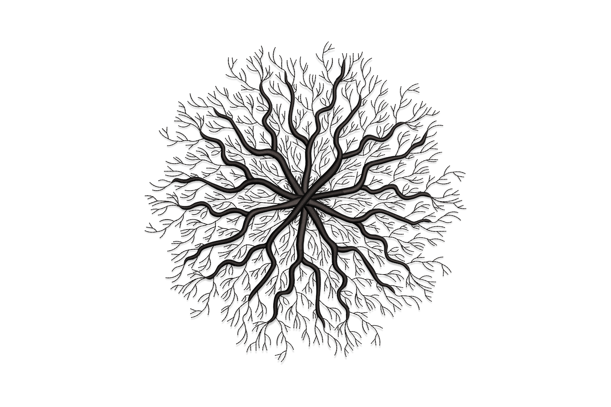 Tree roots mandala embroidery design in single black thread, radiating root branches from central knot in circular organic symmetry.