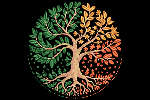 Tree of four seasons embroidery design with circular canopy split into spring green, autumn gold, fall red and winter sand.