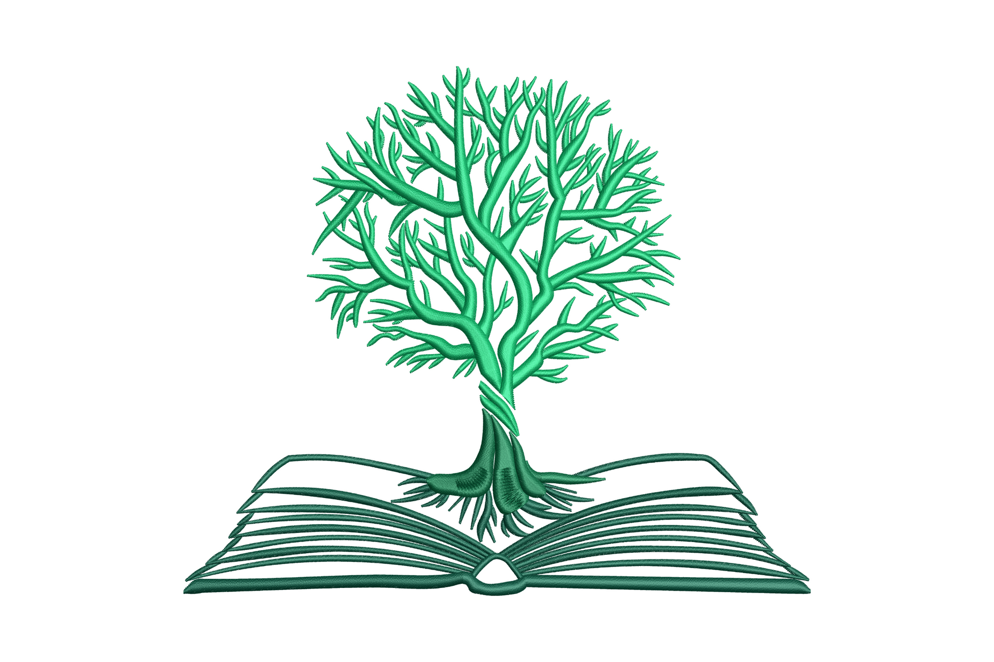 Tree of knowledge embroidery, bare branches growing from open book spine, 3 green thread shades, 5 sizes
