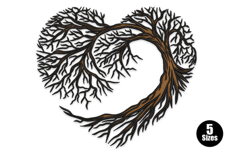 Tree of life heart embroidery design with warm brown satin trunk and black bare branching canopy forming a heart silhouette.