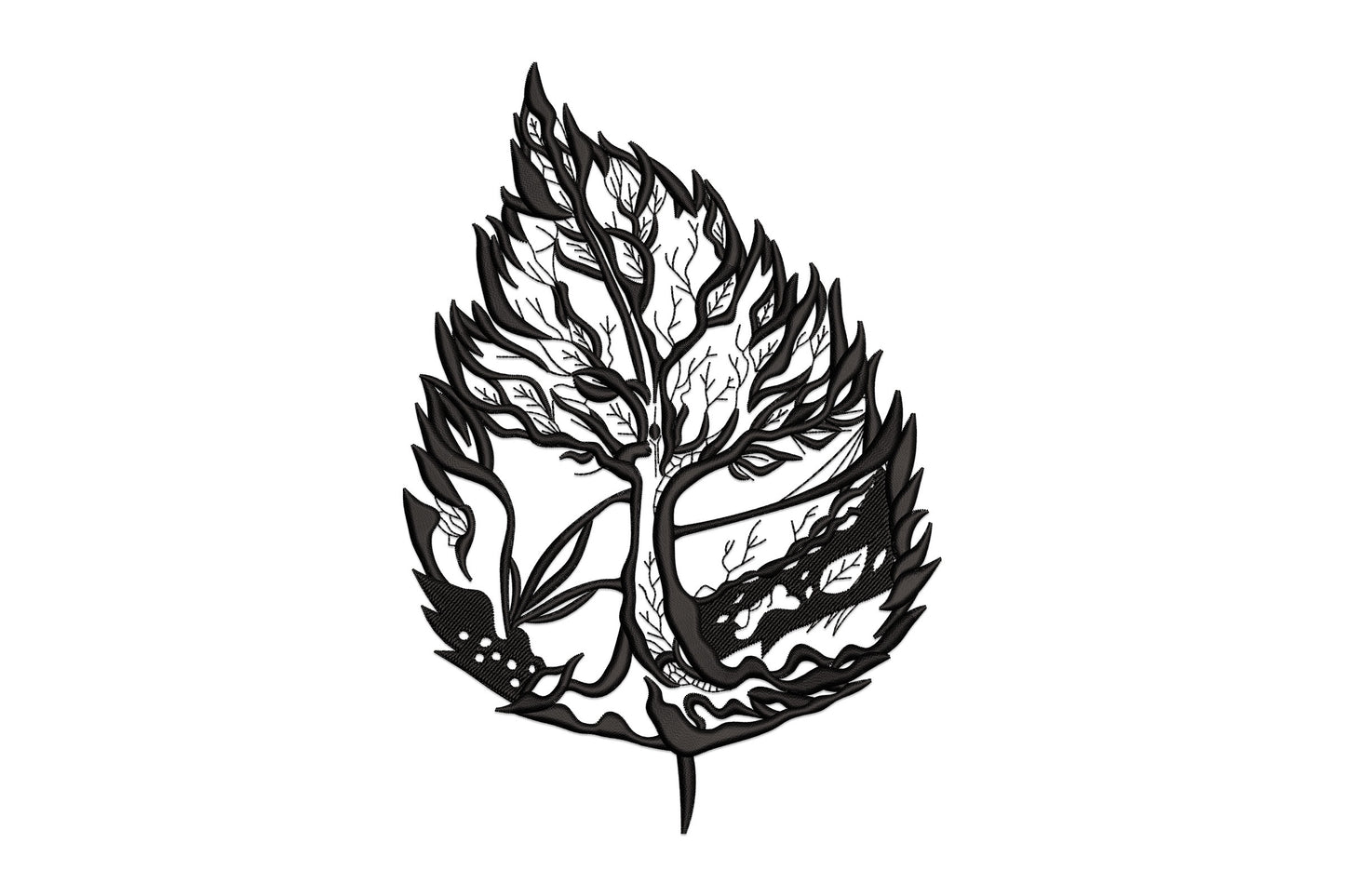 Tree of life embroidery design inside a teardrop leaf shape, all black, with dense branching filling the full interior and small leaves at the branch tips.