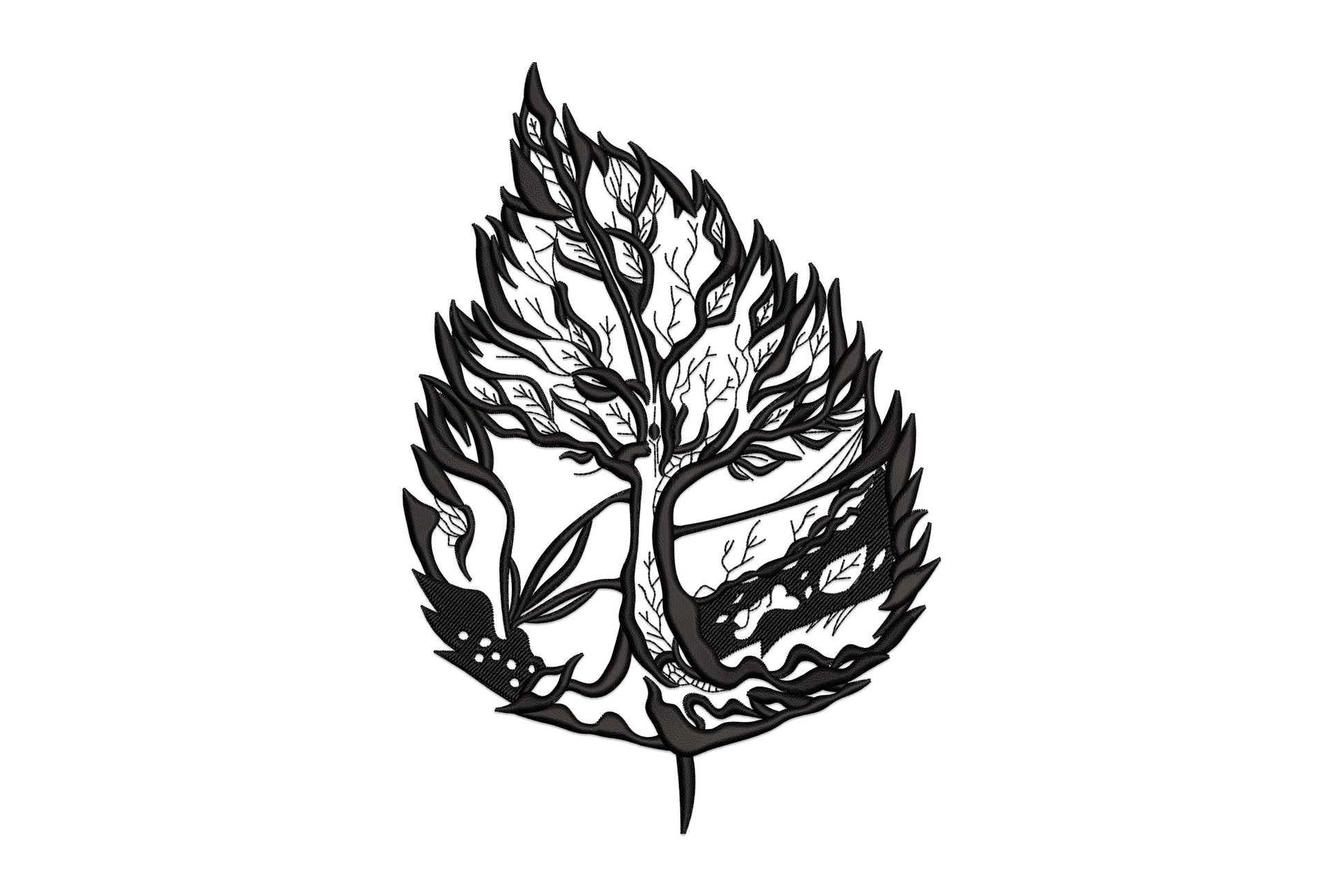 Tree of life embroidery design inside a teardrop leaf shape, all black, with dense branching filling the full interior and small leaves at the branch tips.