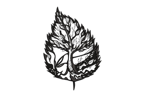 Tree of life embroidery design inside a teardrop leaf shape, all black, with dense branching filling the full interior and small leaves at the branch tips.
