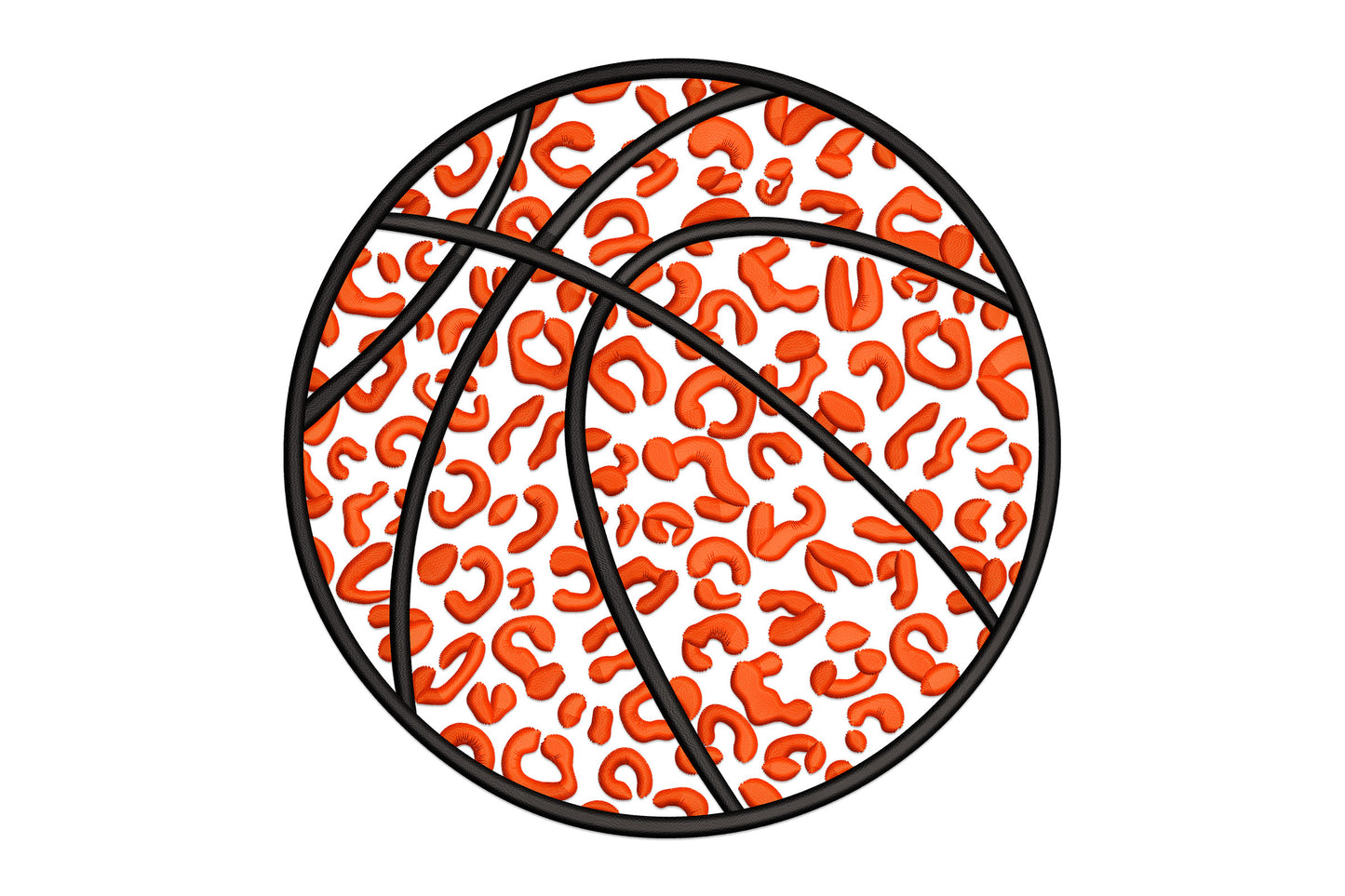 Leopard print basketball embroidery with bold black seam arcs and orange spots packed on a white satin base.
