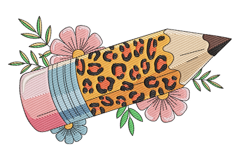 Leopard print pencil embroidery design with amber and orange spot-filled barrel, pink eraser, blue ferrule band, and surrounding pink daisy blooms with green leaf sprigs.