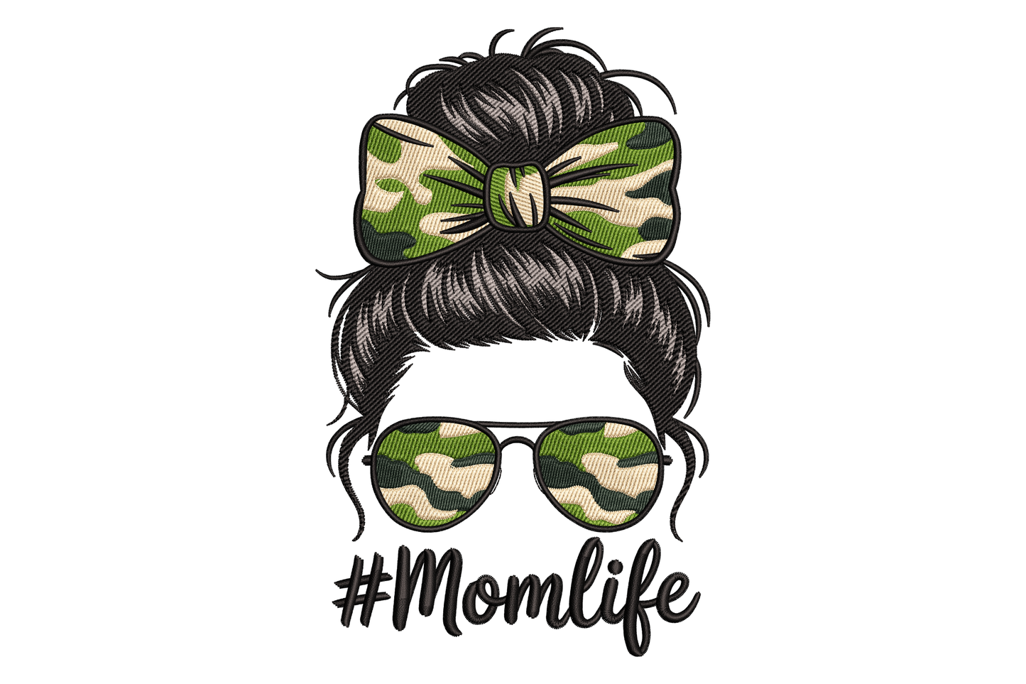 Design of a messy bun with a camouflage bow and sunglasses, featuring '#Momlife' text embroidery design