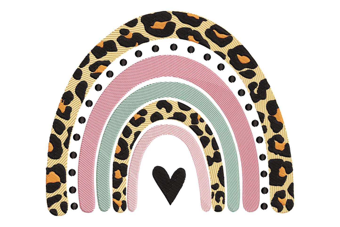 Boho rainbow embroidery, leopard-print outer band, pastel arches in pink sage blush, black heart at base, 6 colors.