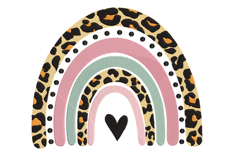 Boho rainbow embroidery, leopard-print outer band, pastel arches in pink sage blush, black heart at base, 6 colors.