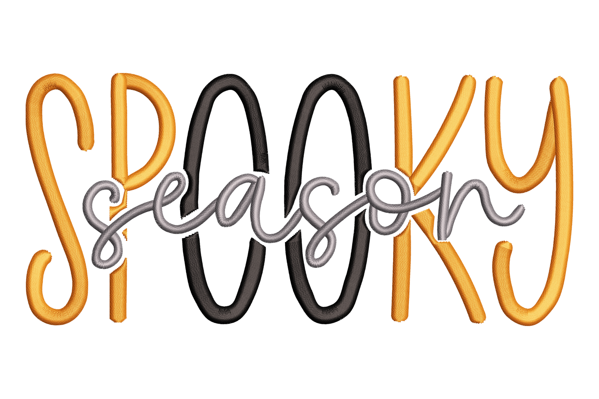 Spooky season machine embroidery design with mixed script and bold block lettering in orange, black and cream, wide horizontal layout.