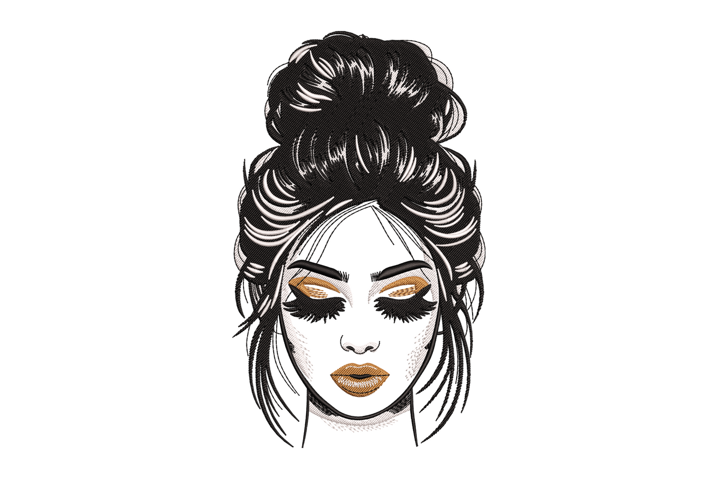 Trendy woman face embroidery design, fashion illustration with black updo hair, fan lashes and bold lips