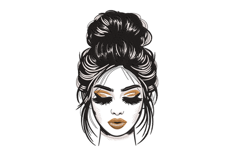 Trendy woman face embroidery design, fashion illustration with black updo hair, fan lashes and bold lips