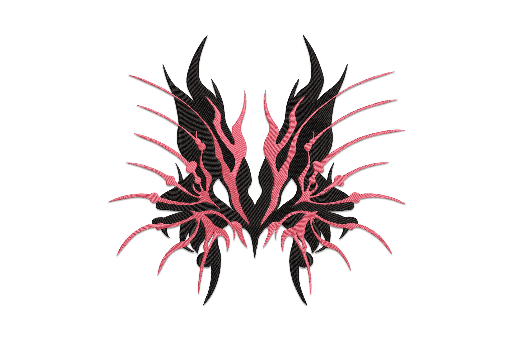Tribal butterfly embroidery with sharp spiked wings in deep black and hot rose pink on white background.
