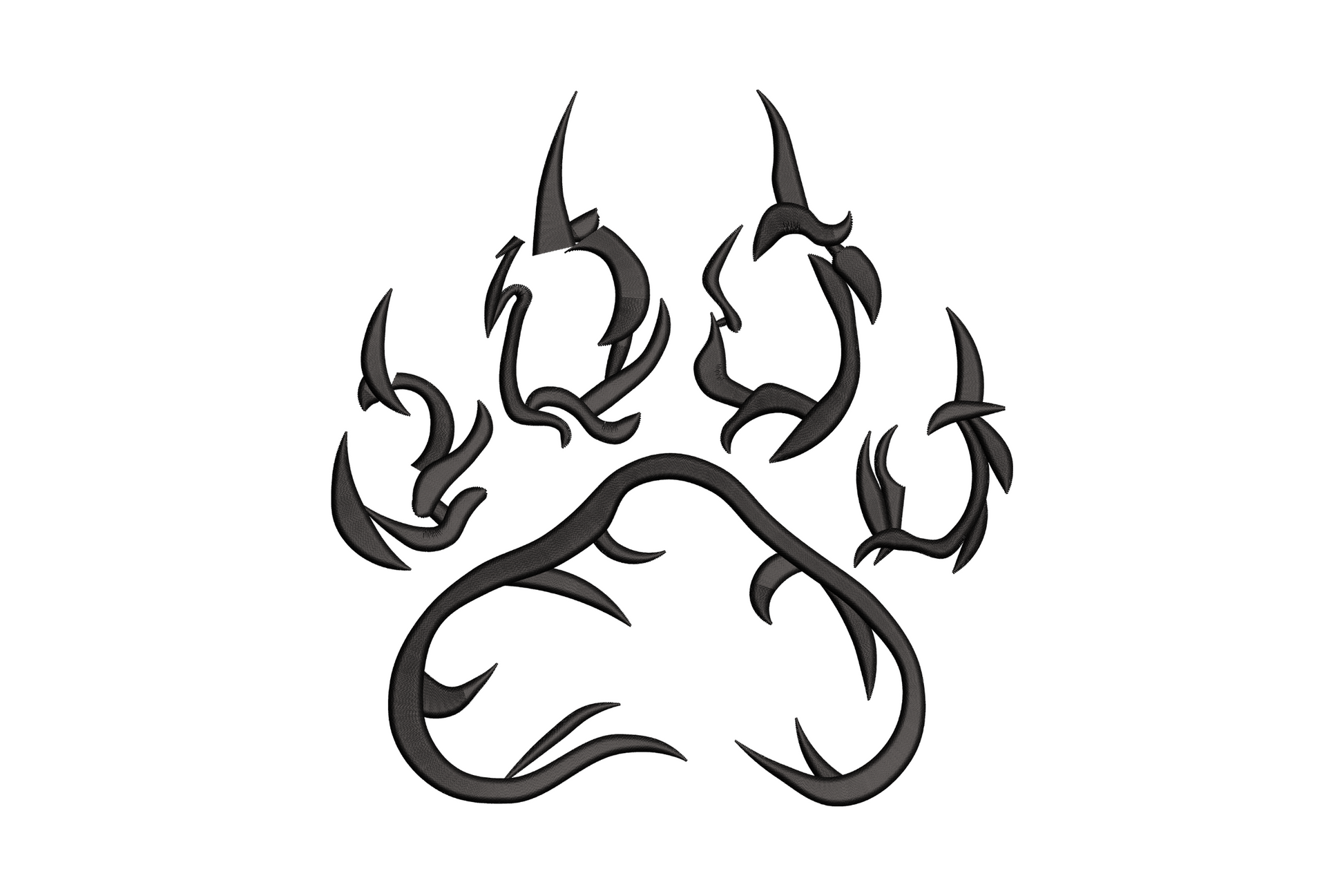 Tribal flame paw print in single charcoal thread, outline-only design with curved feather and hook extensions on all toe positions