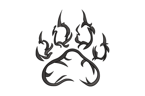 Tribal flame paw print in single charcoal thread, outline-only design with curved feather and hook extensions on all toe positions
