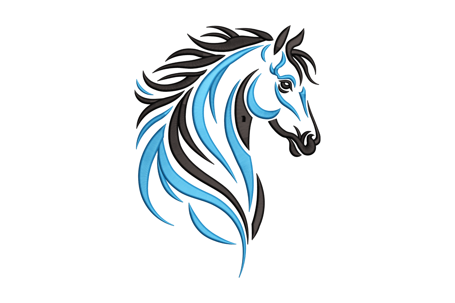 Stylized horse head logo with blue and black hair on a white background