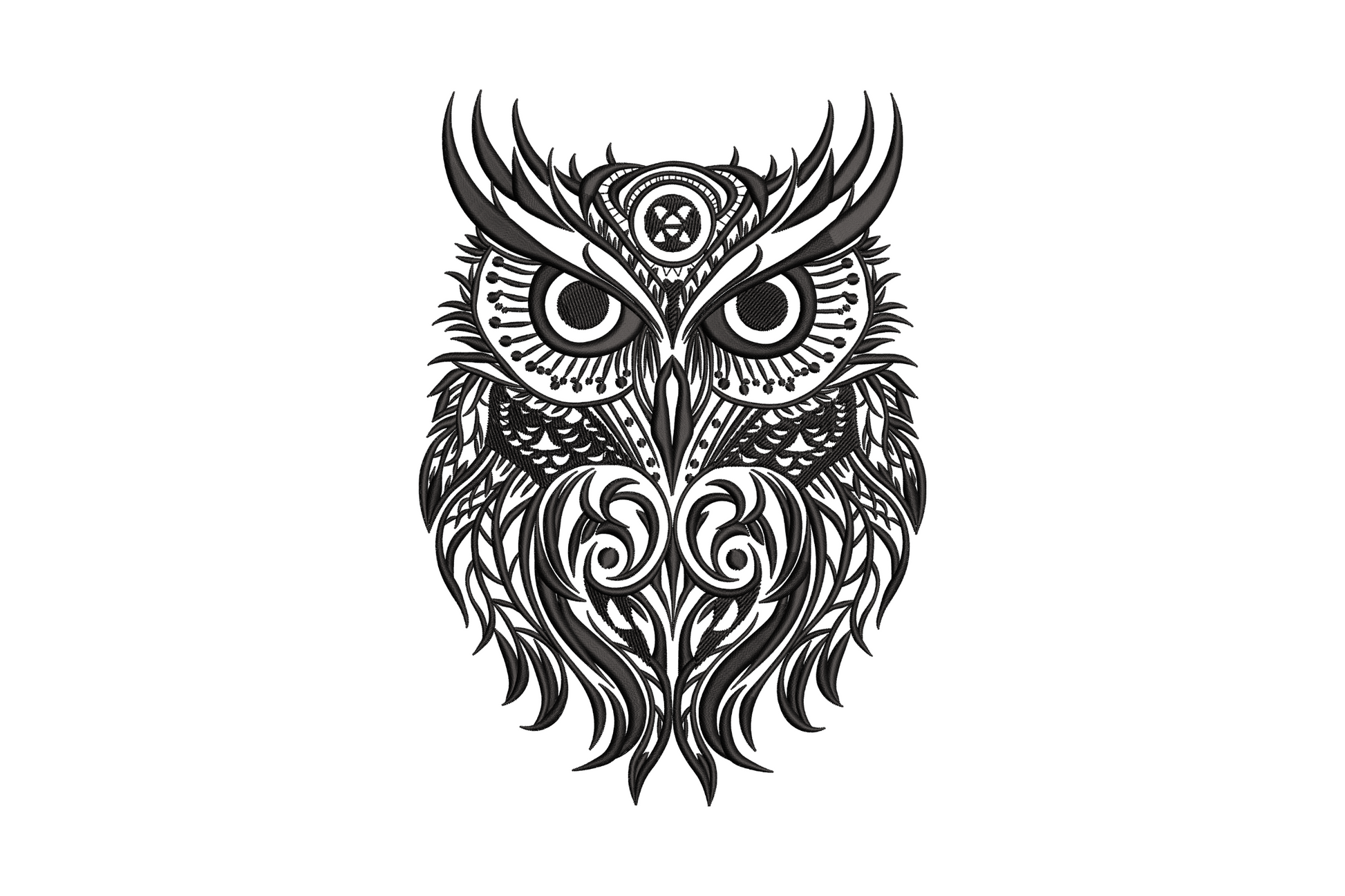 Tribal owl mandala in black thread, front-facing owl with flame feather tufts, scrollwork covering body and chest.