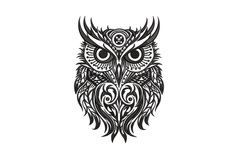 Tribal owl mandala in black thread, front-facing owl with flame feather tufts, scrollwork covering body and chest.