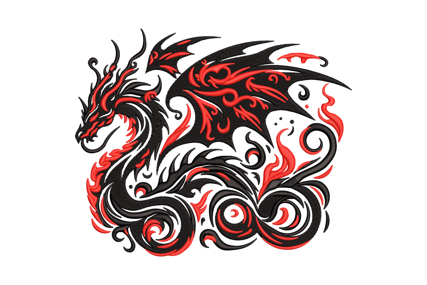 Tribal red and black dragon embroidery design, coiled body with satin fills and red flame swirls, 5 sizes