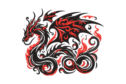 Tribal red and black dragon embroidery design, coiled body with satin fills and red flame swirls, 5 sizes