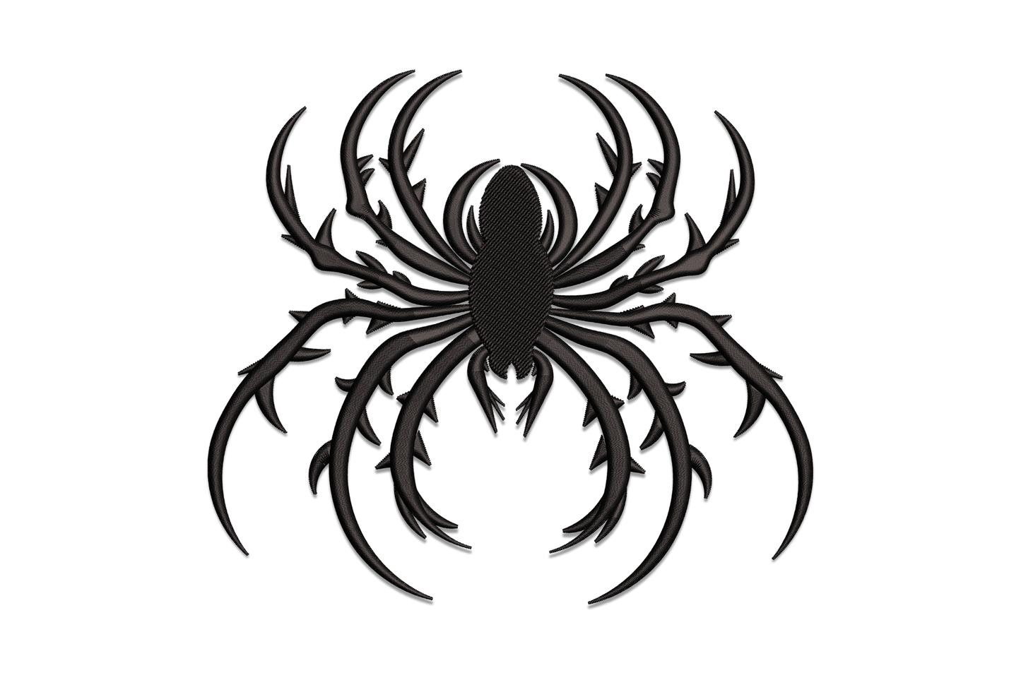 Tribal spider embroidery design, top-down view with oval satin-filled body and eight legs with sharp jagged thorn barbs along each leg, all in solid black.