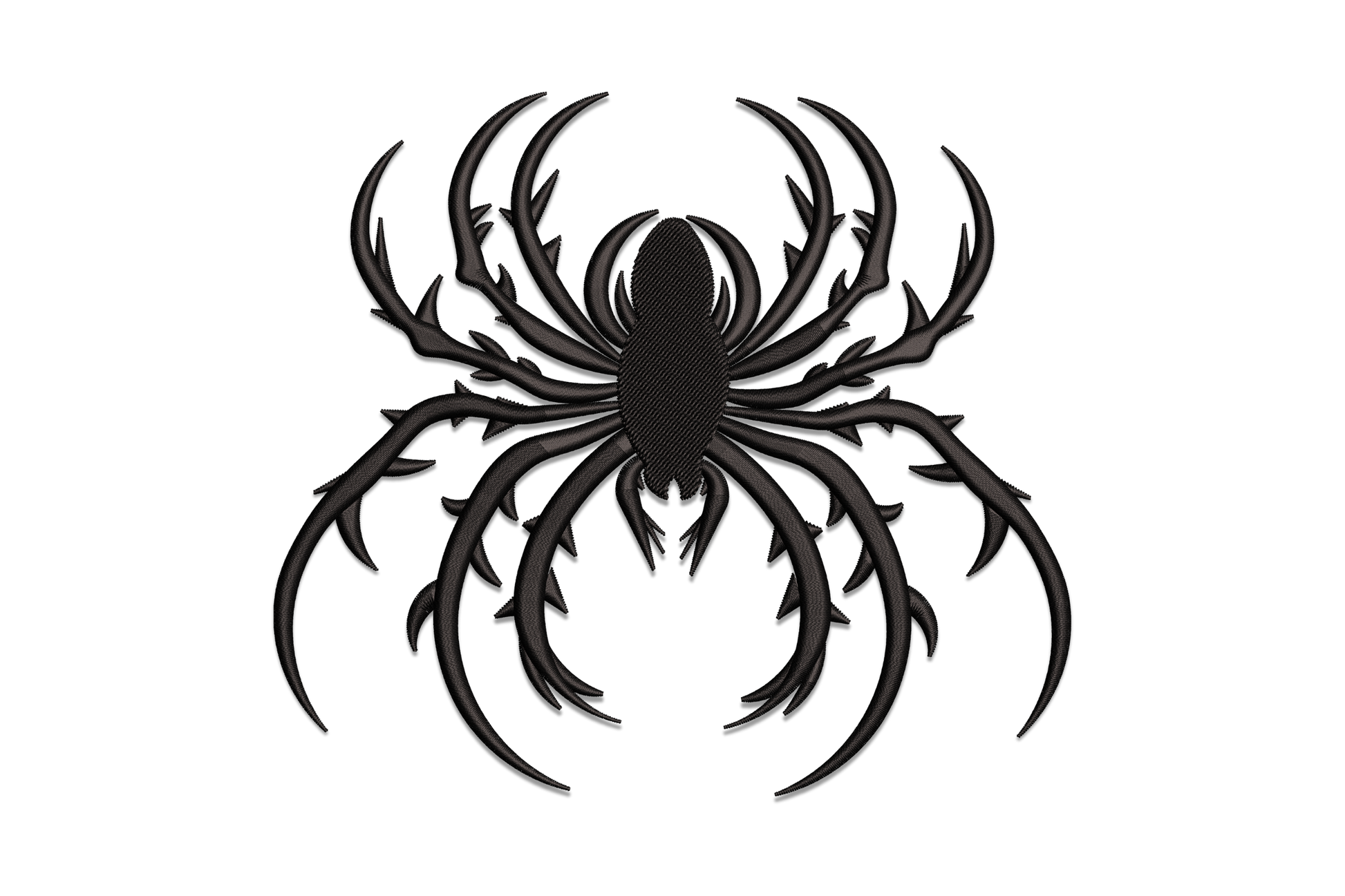 Tribal spider embroidery design, top-down view with oval satin-filled body and eight legs with sharp jagged thorn barbs along each leg, all in solid black.