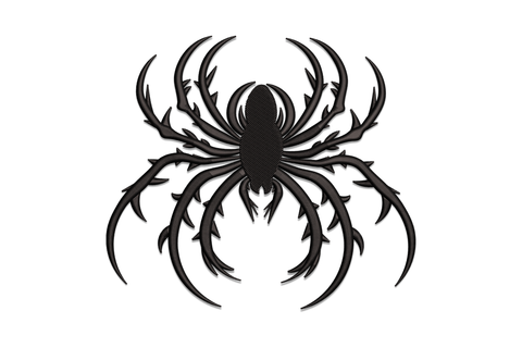 Tribal spider embroidery design, top-down view with oval satin-filled body and eight legs with sharp jagged thorn barbs along each leg, all in solid black.