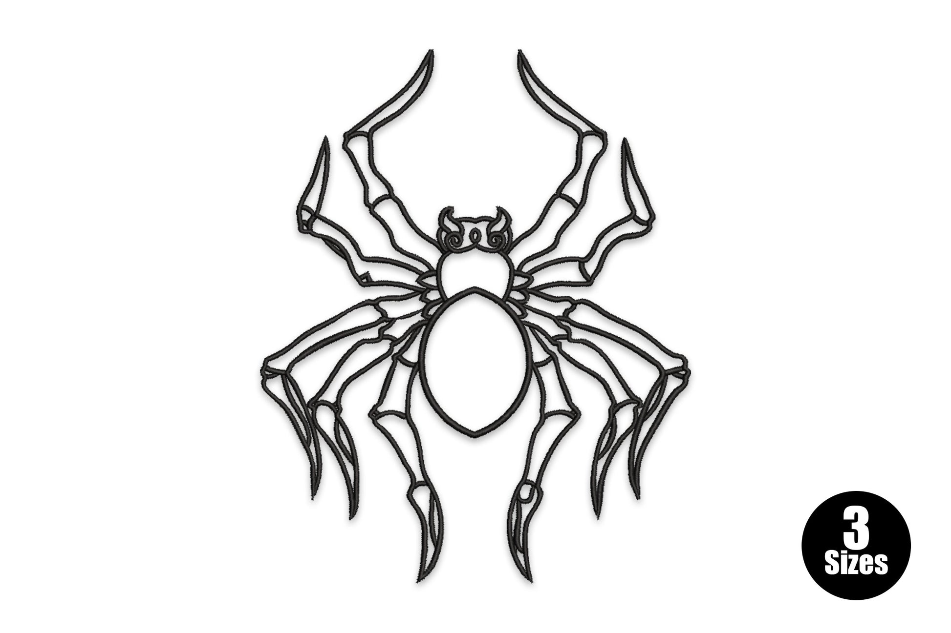 Tribal spider line art embroidery in solid black outline, ornate segmented legs, swirl body patterns and a radiating web behind.