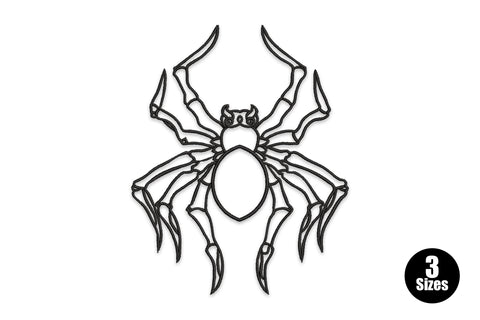 Tribal spider line art embroidery in solid black outline, ornate segmented legs, swirl body patterns and a radiating web behind.