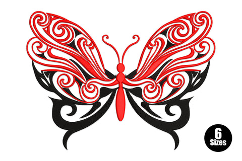 Tribal swirl butterfly embroidery in red and black, symmetric scrollwork upper layer over a tribal flame backdrop.