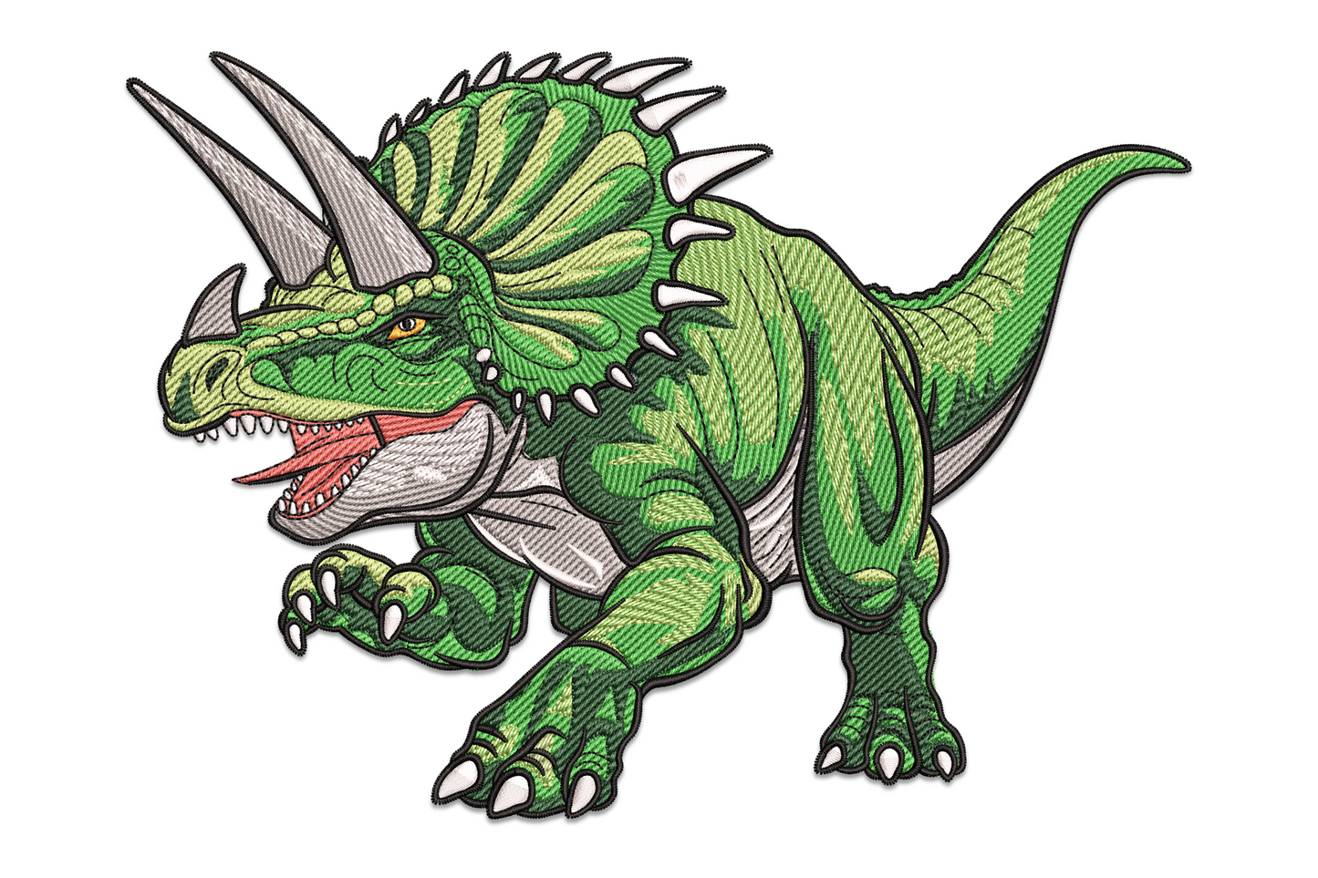 Triceratops dinosaur embroidery design mid-charge with mouth open, three horns, vivid green body and yellow-green belly.