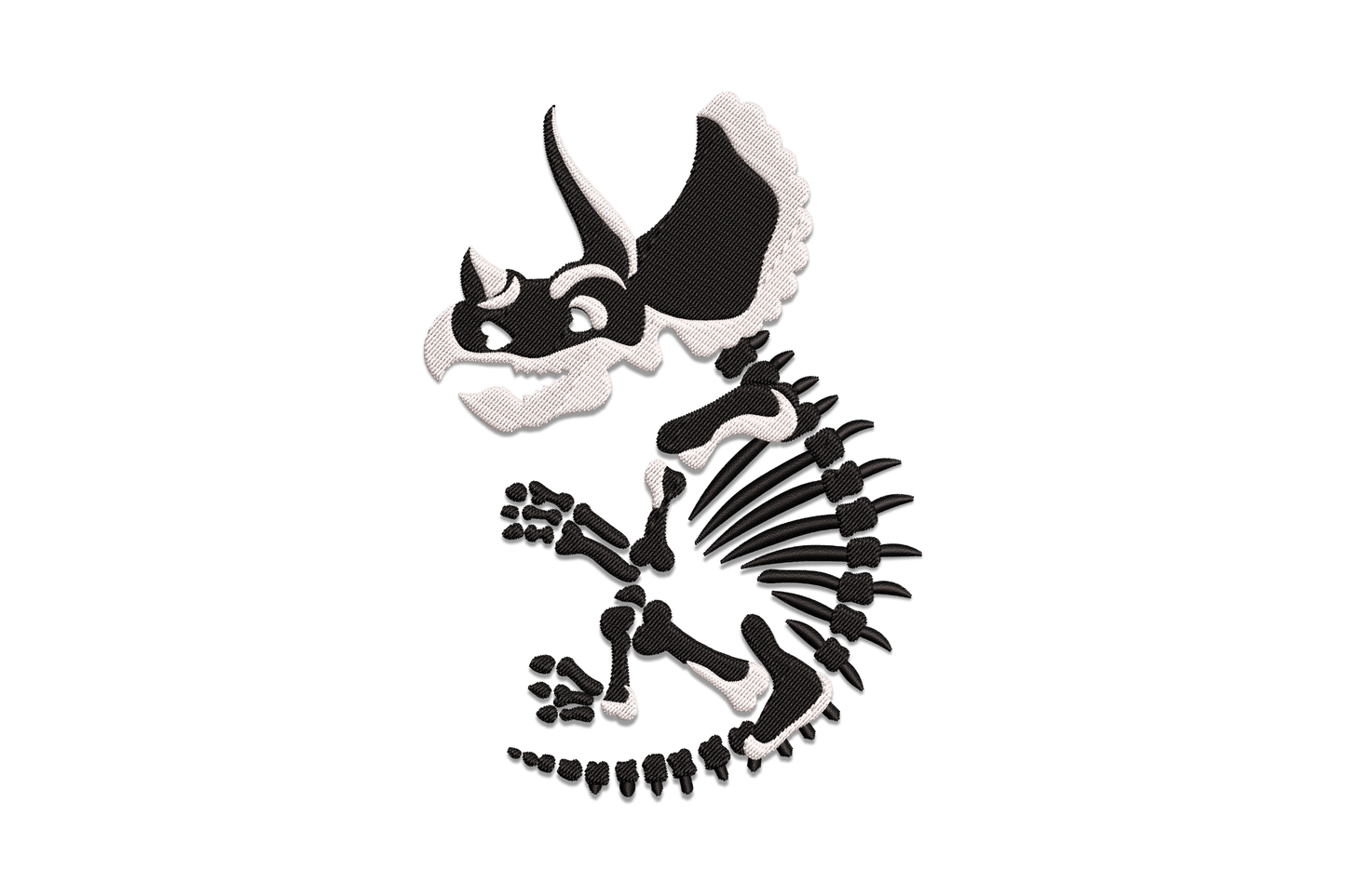 Triceratops skeleton embroidery design in black and white showing a full side-view skeleton with horned skull frill, ribcage, clawed legs and curved tail.