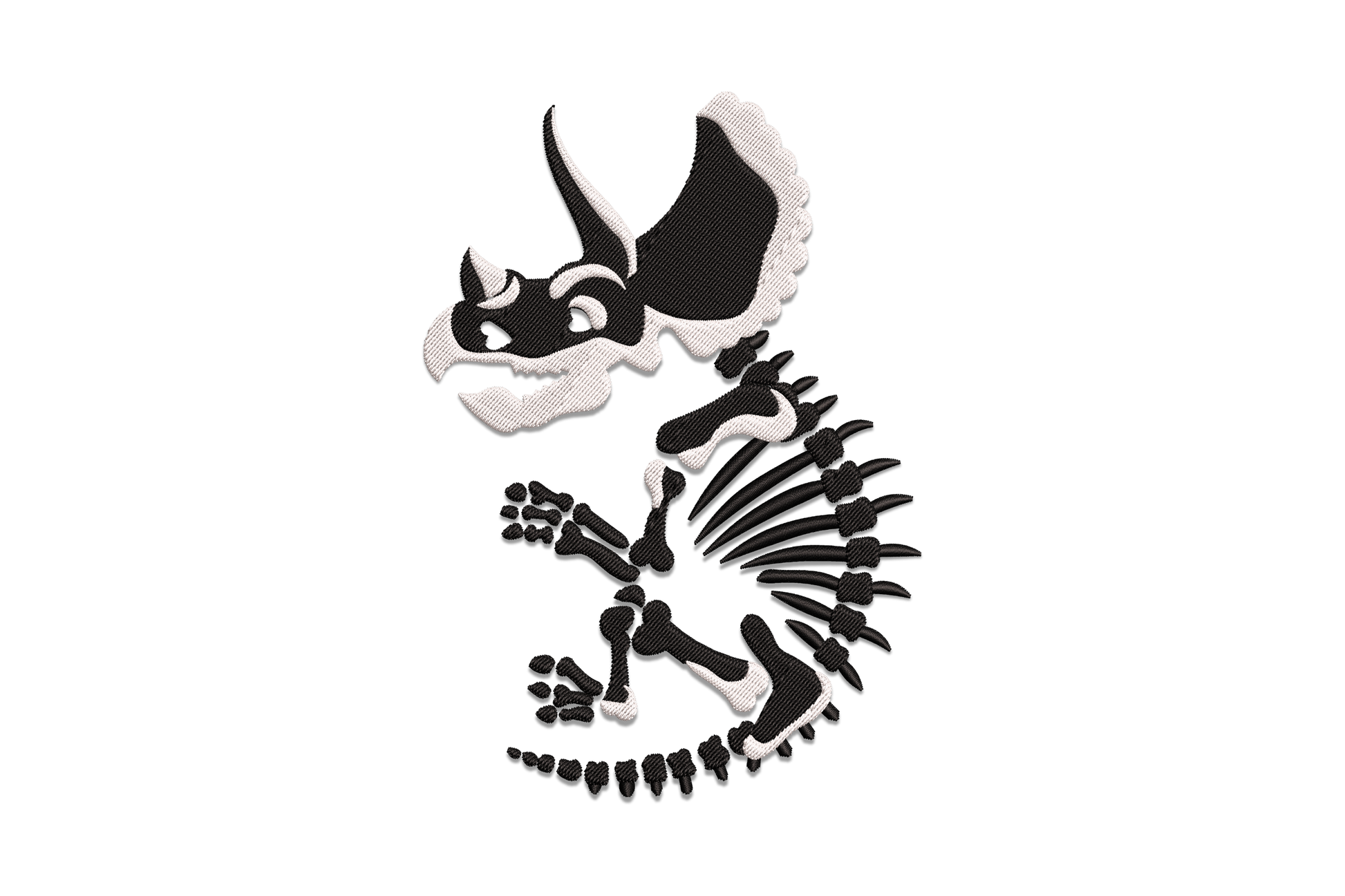 Triceratops skeleton embroidery design in black and white showing a full side-view skeleton with horned skull frill, ribcage, clawed legs and curved tail.