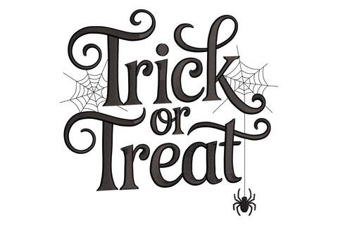 Trick or treat Halloween text embroidery design with chunky rounded display lettering in a near-square multi-line layout, single colour, 3.5 by 3.32 inches, bold festive style.